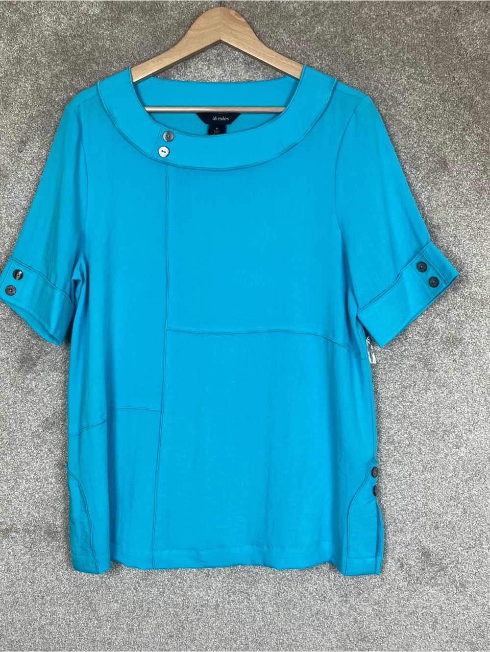 Ali Miles Tunic Womens Medium Blue Short Sleeve Pullover Rayon Nylon New- 5228